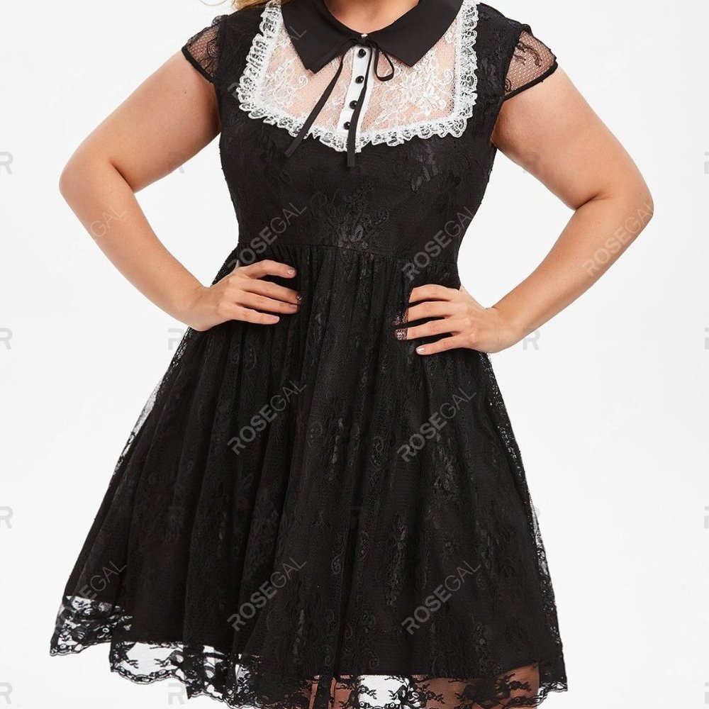 Rosegal 1X Black Lace Peter Pan Collar Dress Goth